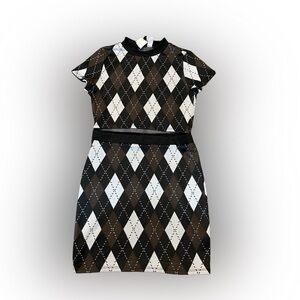 Divided argyle patterned exposed stomach cutout Preppy school/ stretchy dress/M